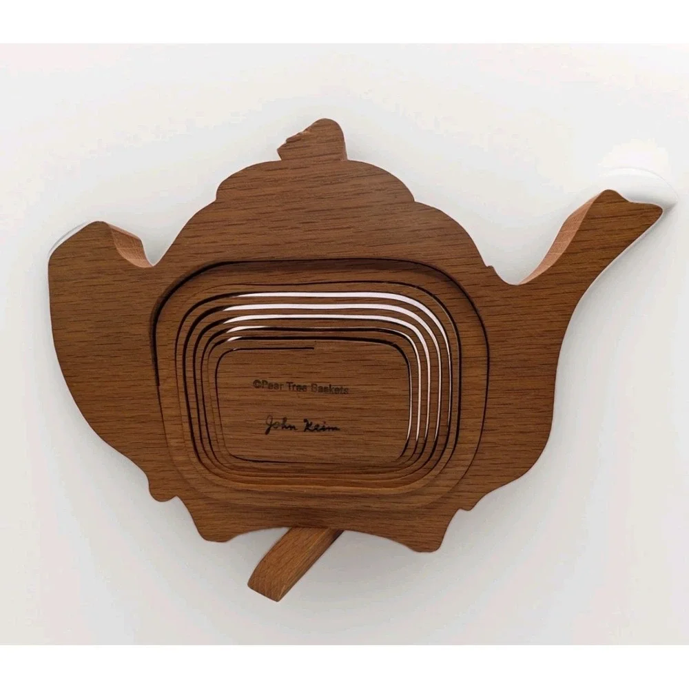 John Keim Pear Tree Basket Collapsible Accordion Wood Teapot Shape Signed‎ 1990s